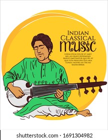 Indian Or Hindustani Classical Music Instruments Vector Illustration.Young Man Playing Indian Classical Music On A Sarod 