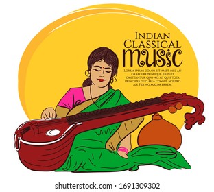 indian or Hindustani classical music instruments vector illustration. a woman playing Saraswati Veena.