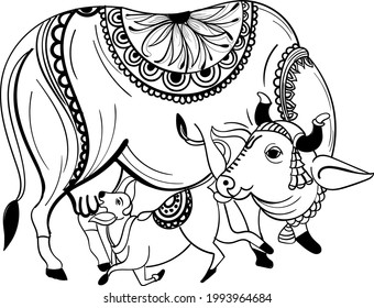 INDIAN HINUDISM HOLY ANIMAL COW DECORATIVE VECTOR ILLUSTRATION BLACK AND WHITE CLIP ART LINE DRAWING ILLUSTRATION