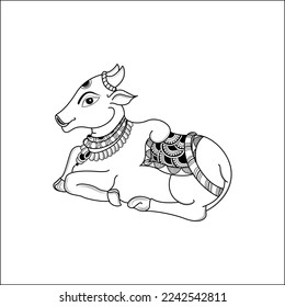 INDIAN HINUDISM HOLY ANIMAL COW DECORATIVE VECTOR ILLUSTRATION BLACK AND WHITE CLIP ART LINE DRAWING ILLUSTRATION