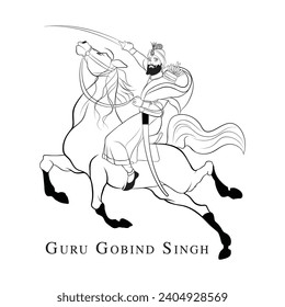 Ilustración vectorial histórica india, ilustración del décimo Guru Gobind Singh, arte de la línea vectorial de Guru Gobind Singh