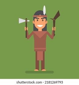 Indian holding ax and tomahawk and smiling. Flat people. Vector Illustration