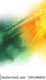 Indian holi colorful background with realistic  powder paint clouds. Green and orange powder paint. Vector illustration