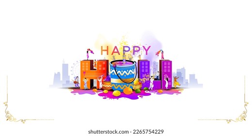 Indian Holi festival concept. Happy Holi Text with People dancing, playing with Colors, city skyline background. Vector illustration