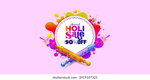 Indian Holi festival sale, offer, deal and discount up to 90% off. Promotional advertising template website banner, poster and logo design.