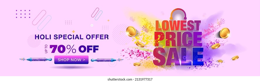 Indian Holi online digital marketing banner poster design for retail sale and offer with text holi special offer and splash of colorful holi festival gulal