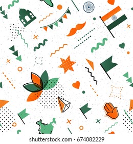 Indian holiday abstract background in 80s memphis style. Seamless memphis pattern for posers and cards. Hipster poster, background with Indian Holiday Symbols. Vector illustration