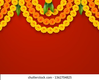 Indian holiday background. Floral garland with yellow flowers and mango leaves. Traditional decoration for wedding, hindu holidays. Vector border ring with copy space.