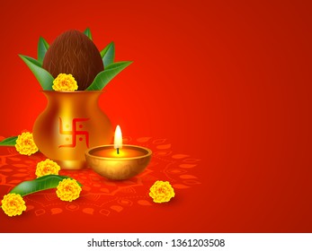 Indian holiday background. Kalash with coconut, flowers and mango leaves. Traditional decoration for wedding, hindu holidays, religious festivals. Vector with copy space.