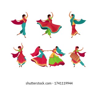 Indian holiday celebration flat color vector faceless characters set. Diwali holiday performance. Woman in saree dance. Teej festival isolated cartoon illustrations on white background