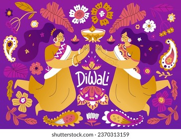 Indian holiday Diwali. Design with flowers, women in national costume and candles. National Indian patterns and mandalas. Vector illustration in cartoon style. 