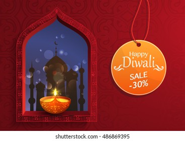 Indian Holiday Of Diwali, Discount Promotional Offer Sales, Oil Lamp Light In The Window