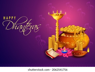 Indian holiday of Happy Dhanteras during Diwali season for prosperity. Vector illustration