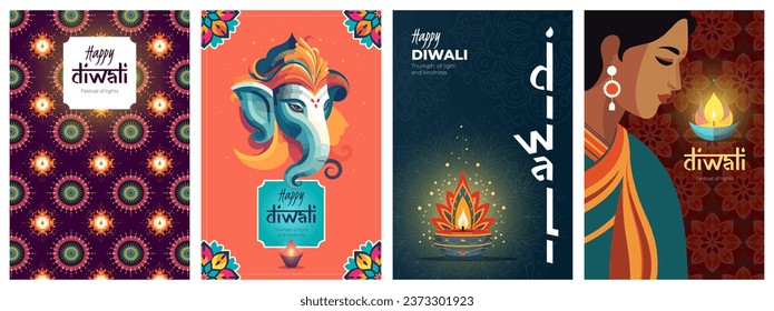 Indian holiday Happy Diwali poster. Deepavali or Dipavali India festival of lights print. Hindu celebration placard with diya oil lamp, elephant Ganesha and floral pattern. Creative art modern designs