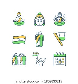 Indian holiday RGB color icons set. India traditional festival. Hinduism religious fest. Buddhism, hindu customs. Teej celebration. Independent republic. Isolated vector illustrations