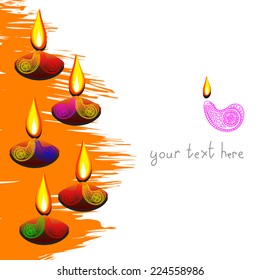  Indian holiday vector background with diya (oil lantern) and paint splash of orange color. Page design with place for text. For festival of light Diwali, also may use for Holi, Ganesh chaturthi.