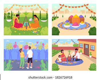 Indian holidays flat color vector illustration set. Traditional Hindu festival celebration. Lohri and Holi fest. Family 2D cartoon characters with modern daytime cityscape on background collection