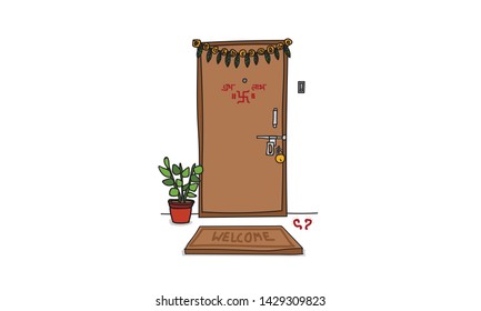 Indian Home Door Vector Hand Drawn Sketch Style