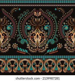 Indian horizontal ornament, black background. Indian seamless border. Symmetry ornate border. Seamless arabian print. Decorative ethnic wallpaper. Black background. Tribal geometric horizontal pattern