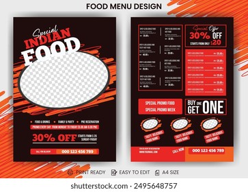 Indisches scharfes scharfes Restaurant Speisekarte Flieger oder Fastfood Restaurant Speisekarte oder moderne Speisekarte Vektorvorlage mit kreativem Layout, die für Verkauf Angebot oder Lebensmittelwerbung verwendet werden kann