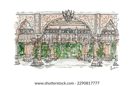 Indian hotel wedding interior, pink, pillars, Bangalore. Watercolor sketch illustration.