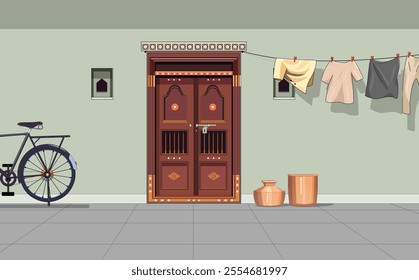 Indian House back side door background, house backyard cloths hanging in rope, bicycle, water pots, floor, house back area background illustration