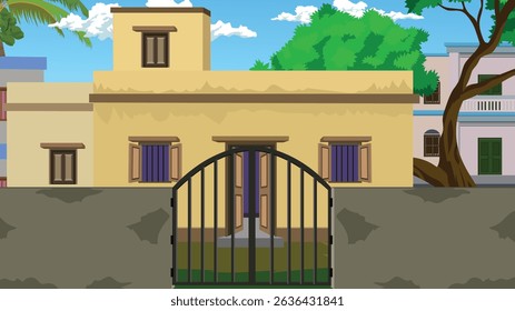 Indian House Exterior with Iron Gate and brick walls, Surrounded by WaTrees in Urban Street Setting – Vector Illustration