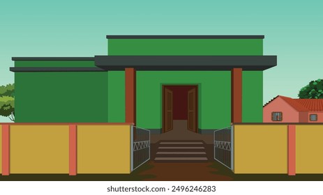 Indian house landscape design for 2d cartoon animaiton . Village farmer house design