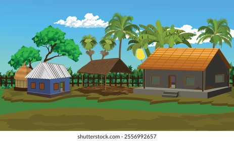 Indian house yard landscape with huts,cowshed and trees beside a dirt road.Village background vector 