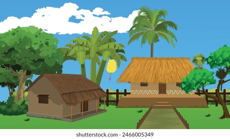 Indian house yard with mud house roof made of straw mud wall. Asian rural cottage background.