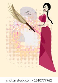 Indian housemaid
 with a sweeping broom.Vector for design flyer,invitation, card, poster.
