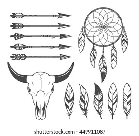 Indian, hunter, tribal objects, vector set