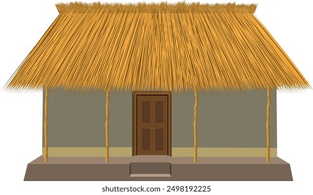 Indian hut with straw roof and clay wall house in cartoon style isolated on white background. 