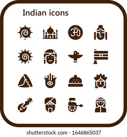 indianisches Symbol gesetzt. 16 gefüllte indische Symbole.  Einfache, moderne Symbole wie: Chakra, Taj Mahal, Om, Buddha, Indianer, Totem, Indien, Samosa, Hamsa, Bonnet, Indianer, Veena, Rickshaw