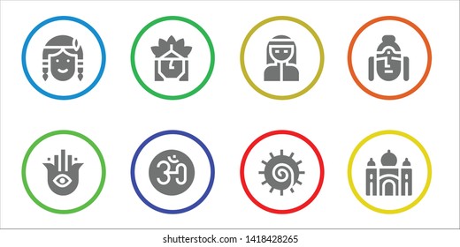 indian icon set. 8 filled indian icons.  Collection Of - Native american, Hamsa, Indian, Om, Bedouin, Chakra, Buddha, Taj mahal