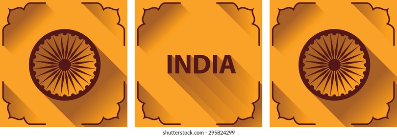 Indian icons in flat style. Vector illustration concept Indian Independence Day celebrations. Ethnic ornament. Saffron color.
