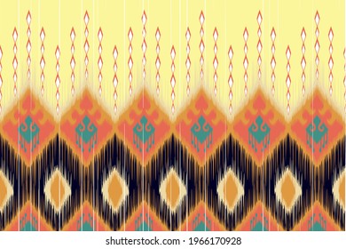 Diseño indio sin fisuras del patrón ikat. Alfombra de tela de origen azteca mandala adorno boho nativo chevron africano decoración de papel de pared textil. Ilustraciones de vectores de textura de línea geométrica.