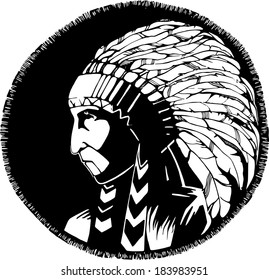 Indian Illustration. Monochrome illustration that represents side face of vigorous and powerful indian, wearing traditional clothes and headdress.