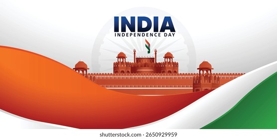 Dia da Independência da Índia 15 agosto Vermelho forte tricolor onda vetor poster 3D