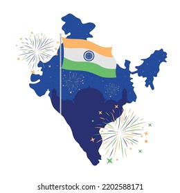 Ilustración aislada del vector 2D del día de la independencia india. Celebrando con fuegos artificiales y bandera plana silueta de mapa de India sobre el fondo de las caricaturas. Colorida escena editable para móvil, sitio web, presentación