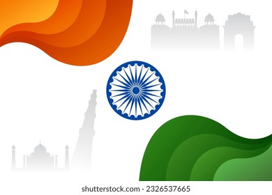 indian independence day abstract background illustration with india gate, taj mahal, red fort, qutub minar