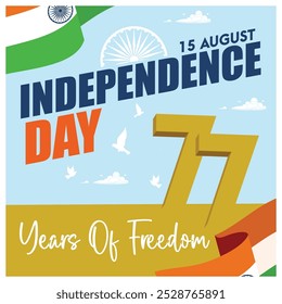 Indian Independence Day with Ashoka Chakra. Indian flag waving in the blue sky. Independence Day India concept. Flat vector illustration.