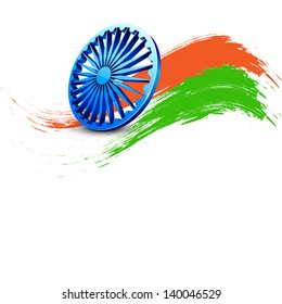 Indian Independence Day background with 3D Ashoka wheel and saffron and green colors on white background.