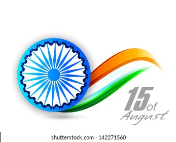 Antecedentes del Día de la Independencia India con la rueda Ashoka 3D y la ola de color de la bandera nacional con el texto del 15 de agosto.
