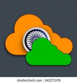 Indian Independence Day background with ashoka wheel and clouds in saffron and green color.