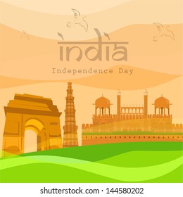 Indian Independence Day background with famous monuments India Gate, Kutubminar and Red Fort.