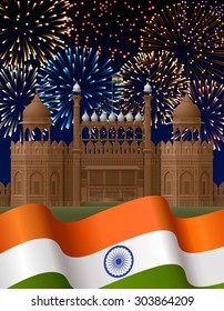 Indian Independence Day background with Red Fort and fireworks, EPS 10 contains transparency