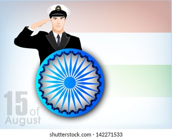 Indian Independence Day background with saluting soldier and ashoka wheel on national flag background.