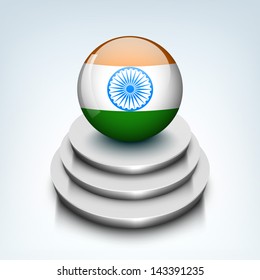 Indian Independence Day background with shiny globe in national flag color on stage.