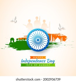 Indian Independence Day Background with Soldiers Silhouettes, Indian Monuments, Ashoka Wheel and Flying Pigeons. 